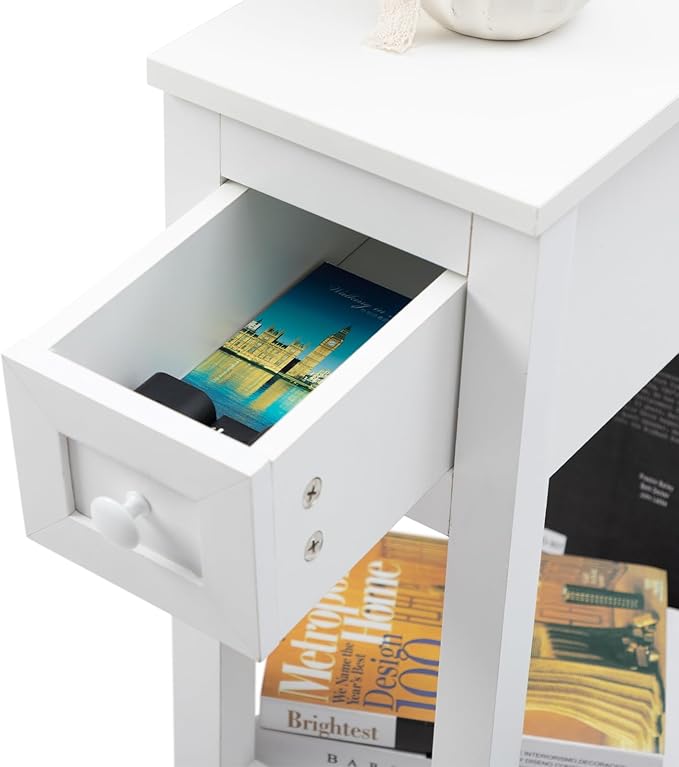 Narrow Side Table for Small Spaces, White, Set of 1, 24" L x 8.5" W x 24" H
