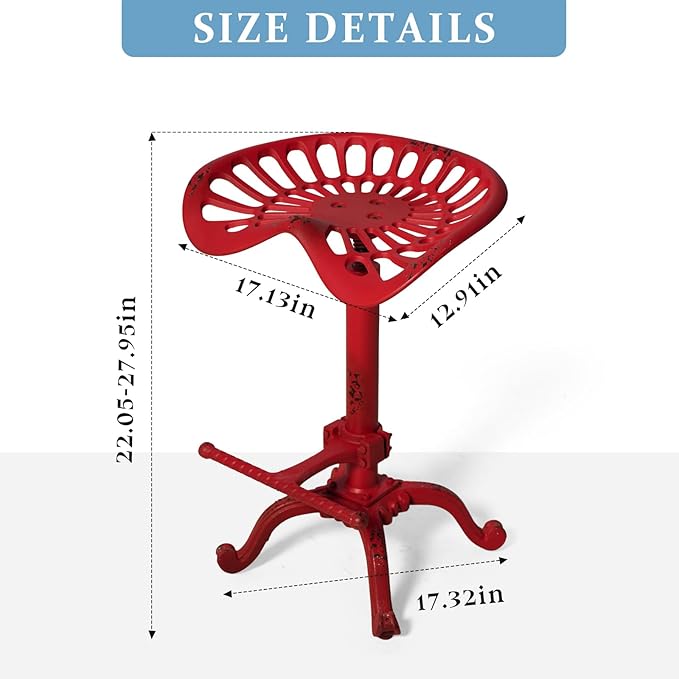 Diwhy Rustic Industrial Farmhouse Tractor Seat Adjustable Bar Stool Industrial bar Chair (Aged Red, Cast Iron)