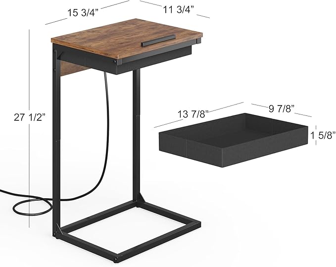 C Shaped End Table with Charging Station,45° Tiltable Adjustable Flip Top Side Table Set of 2,Small C Table Set 2 for Small Spaces,Slide Under Couch Sofa Bedside Table Living Room,Rustic Brown