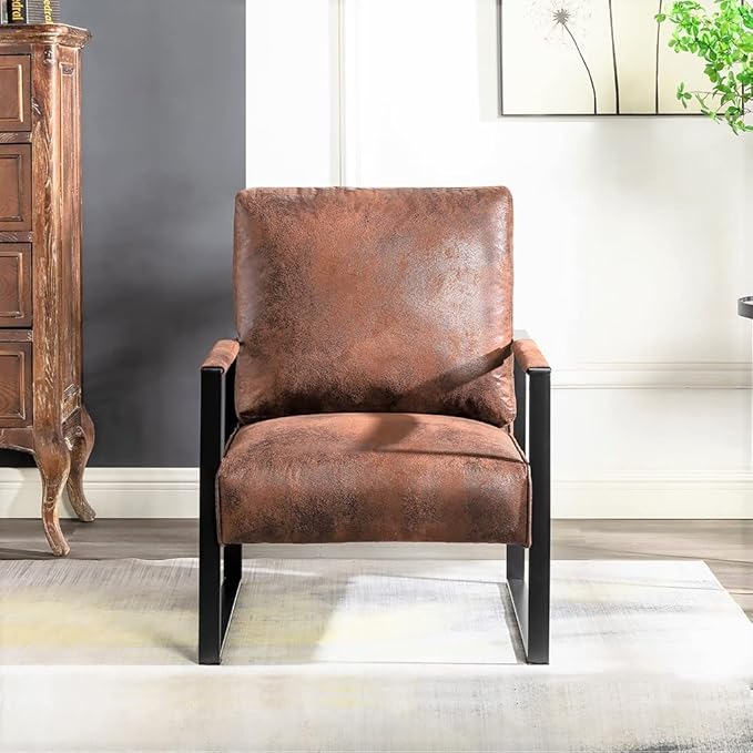 Container Furniture Classic Mid Century Modern Accent Chair with Durable Square Metal Frame, Armchair for Living Room, Bedroom, Home Office in Spotted Microfiber Upholstery, Brown