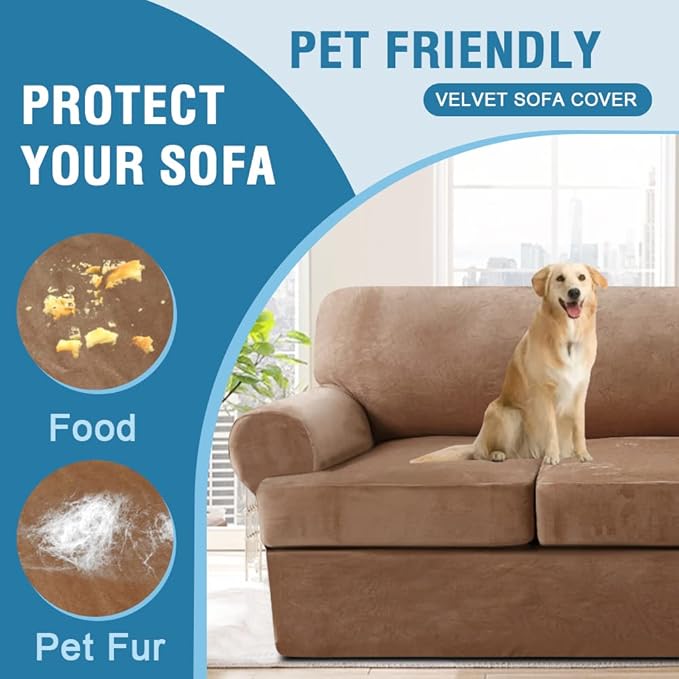 Sofa Cover 4 Piece T Cushion Sofa Slipcovers Thick Velvet Couch Cover Furniture Protector Stretch Sofa Covers for 3 Cushion Couch with 3 Individual T Cushion Covers Washable, Camel