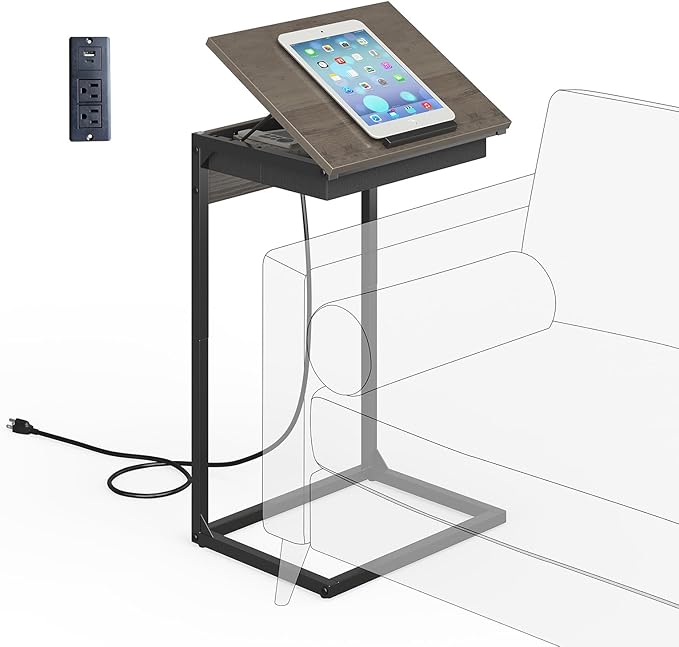 C Shaped End Tables with Charging Station, 45° Tiltable Adjustable Flip Top Side Table with Storage,Small C Table for Small Spaces,Slide Under Couch Sofa Bedside Tables for Living Room, Grey