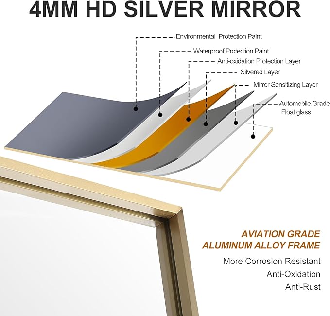 20x36 Inch Gold Bathroom Mirror - Copper-Free Mirror, Aluminum Alloy Frame Vanity Rectangle Wall Mounted Modern Mirror for Bedroom/Living Room/Porch Horizontal or Vertical