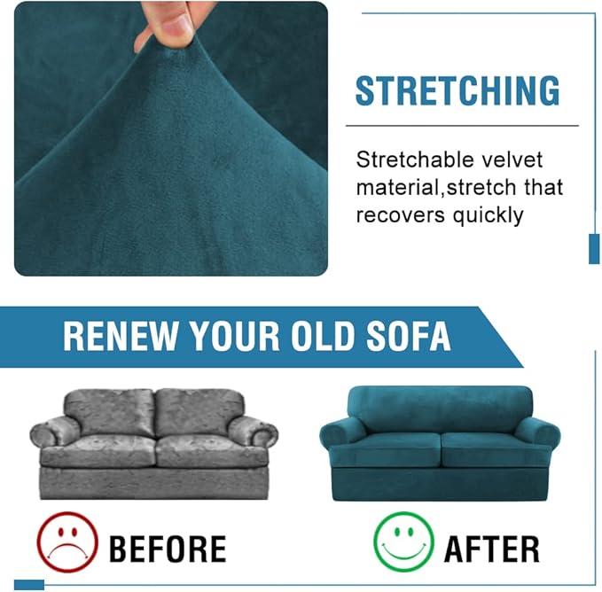 H.VERSAILTEX Sofa Cover 3 Piece T Cushion Sofa Slipcovers Thick Velvet Couch Cover Furniture Protector Stretch T Cushion Sofa Covers for 2 Cushion Couch with 2 Individual T Cushion Covers, Deep Teal