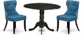 East West Furniture DLSI3-BLK-21 3 Piece Dining Table Set for Small Spaces Contains a Round Dining Room Table with Dropleaf and 2 Blue Linen Fabric Parsons Chairs, 42x42 Inch, Black