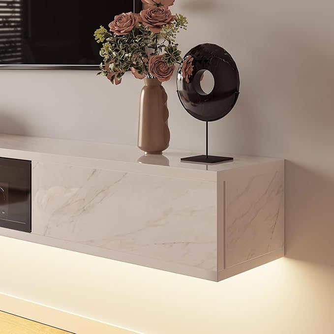 High Gloss Floating TV Stand,55'' Wall Mounted TV Console,Under TV Floating Shelf,Floating TV Cabinet with 3 Doors for Bedroom Living Room,White
