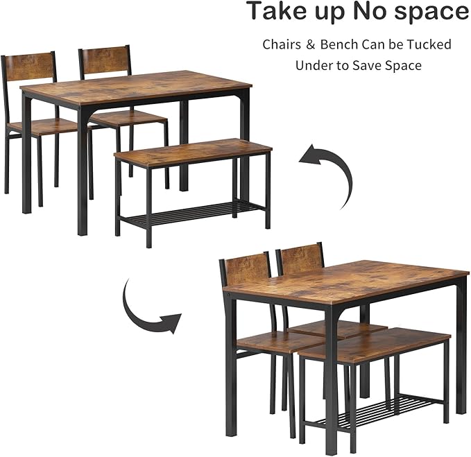 soges 4 Pieces Dining Table Set, 43.3 inch Kitchen Table Set for 4, Dining Set with 2 Chairs and Bench with Storage Rack, Nesting Furniture Set for Dining Room, Kitchen, Restaurant, Rustic Brown