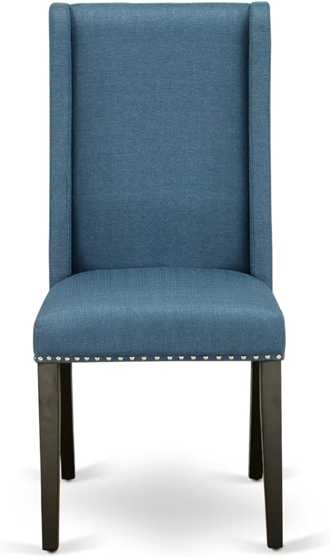 NEFL5-SBB-21-5-Piece Kitchen Dining Set Consists of a Dining Table and 4 Mineral Blue Linen Fabric Dining Chairs with Padded Chair Back - Sand Blasting Black Finish.