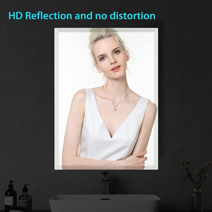 Frameless Beveled Edge Bathroom Mirror 55x30 Inch Rectangle Wall Mirror Explosion Proof and Shatterproof Bathroom Vanity Mirror Wall Mounted Hang Firmly (Horizontal or Vertical)