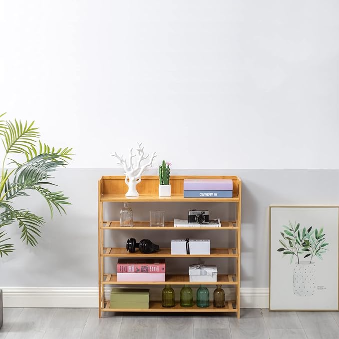 Bamboo Shoe Rack Organizer, 5 Tier Shoe Shelf Storage Organizer, for Entryway, Hallway, and Closet (Nature)