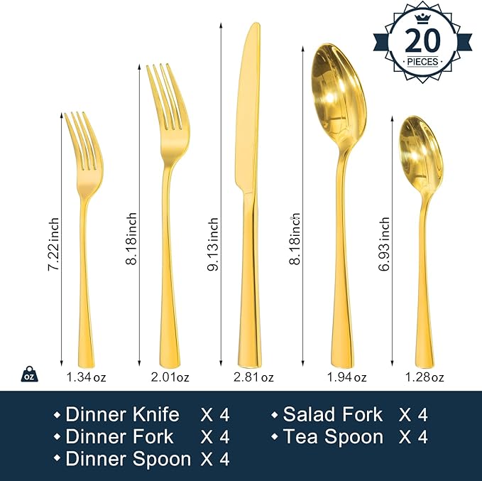 KINGSTONE 18/10 Stainless Steel Flatware, 20-Piece Forged Silverware Set for 4, Mirror Polished Cutlery Set Dishwaher Safe for Home, Restaurant, Wedding, Party, Gold