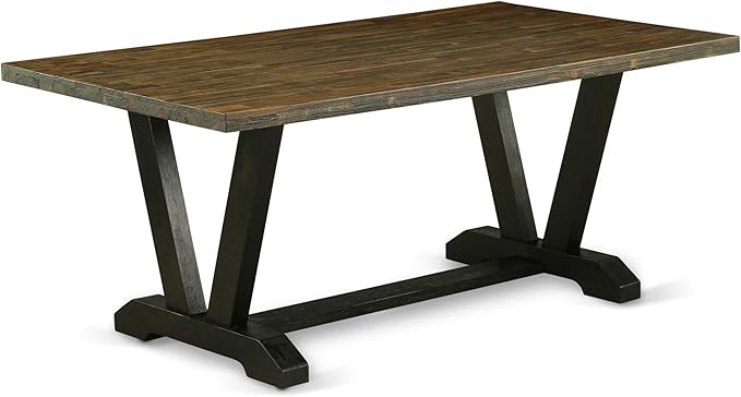 East West Furniture V677EL121-7 7 Piece Modern Dining Table Set Consist of a Rectangle Wooden Table with V-Legs and 6 Blue Linen Fabric Parson Dining Chairs, 40x72 Inch, Multi-Color