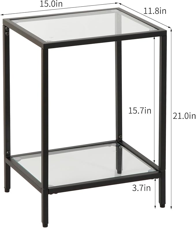 Modern 2-Tier Tempered Glass End Table - Stylish Black Metal Side Table for Small Spaces, Perfect for Living Room & Bedroom (Black, 1PCS)