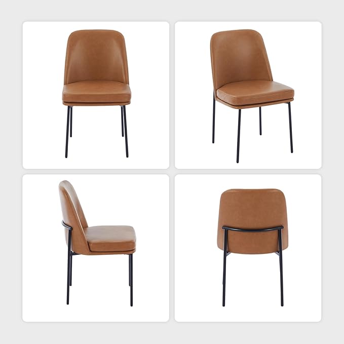 COLAMY Modern Dining Chairs Set of 4, Faux Leather Upholstered Kitchen Chairs with Curved Back & Metal Legs, Mid-Century Dining Room Chair (Brown)