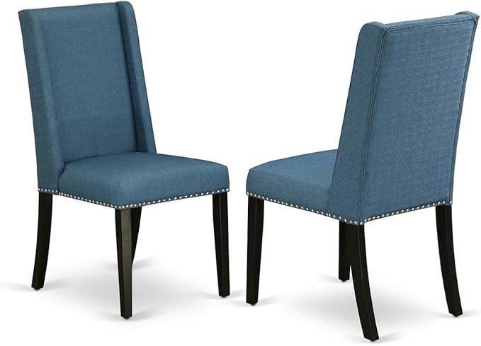 East West Furniture DLFL5-ABK-21 5 Piece Dining Room Table Set Includes a Round Dining Table with Dropleaf and 4 Blue Linen Fabric Upholstered Parson Chairs, 42x42 Inch, Wirebrushed Black