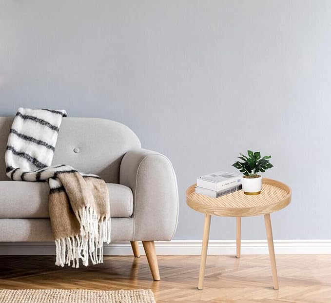 Round Coffee Table Set of 2, Natural Boho Side Table, Small Mid Century Modern Rattan End Tables for Living Room Bedroom Office