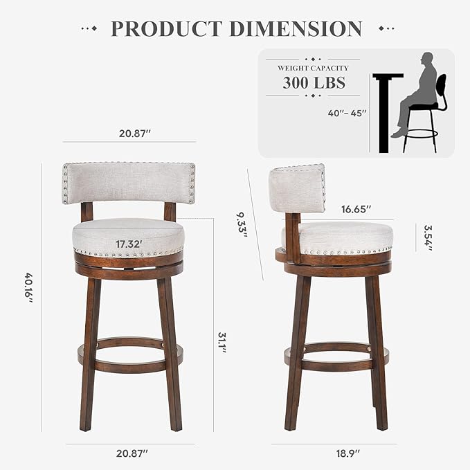 COLAMY Swivel Bar Stools Set of 2, 30 Inch Swivel Bar Height Bar Stools, Wood Swivel Barstools with Back, Modern Upholstered Wooden Barstools for Kitchen Island Dining Room Bar, Beige