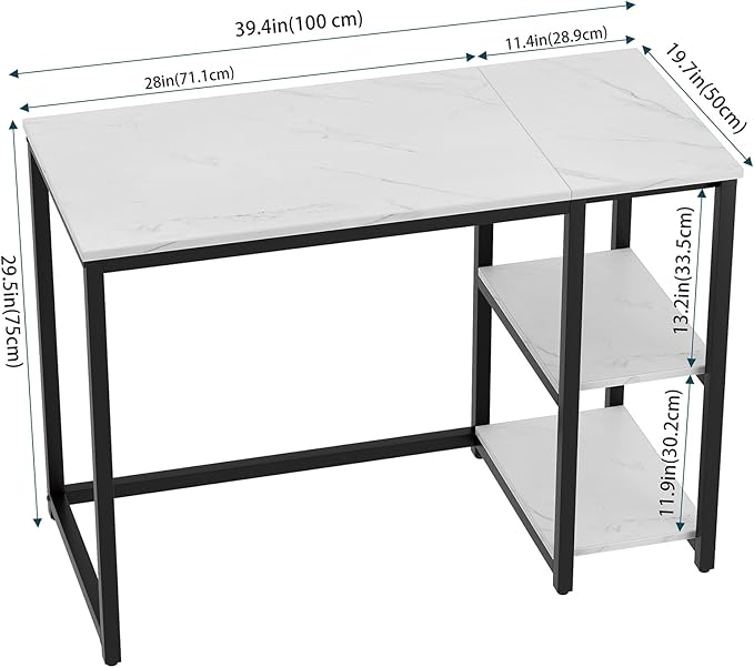 SINPAID Computer Desk 40 inches with 2-Tier Shelves Sturdy Home Office Desks with Large Storage Space Modern Gaming Desk Study Writing Laptop Table, Black Marbling (White Marble, 40 inch)
