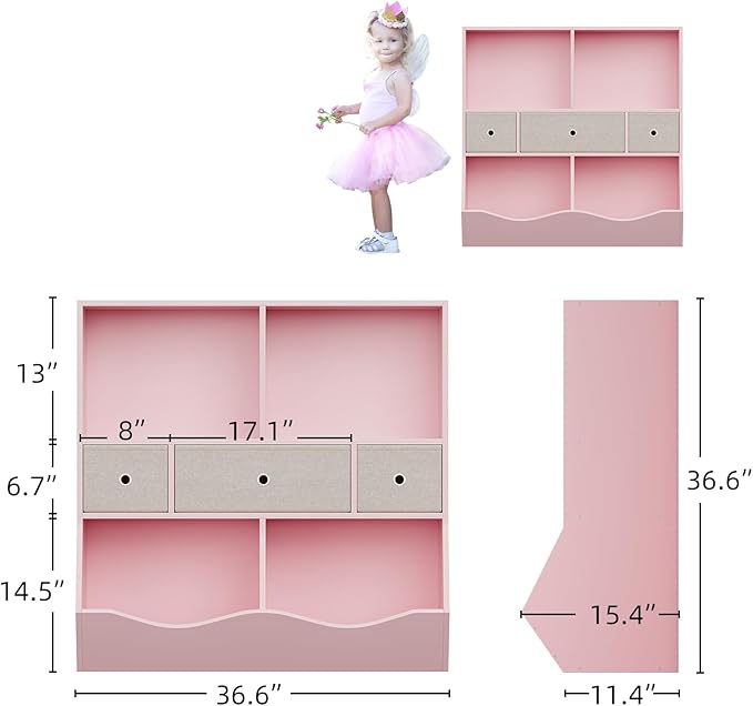 IDEALHOUSE 7-Cubby Large Kids Toy Storage Organizer, Children Wood Bookcase and Bookshelf, 3-Tier Toy Storage Cabinet with 3 Drawers for Hallway, Playroom, Living Room, School, 2 Set Pink
