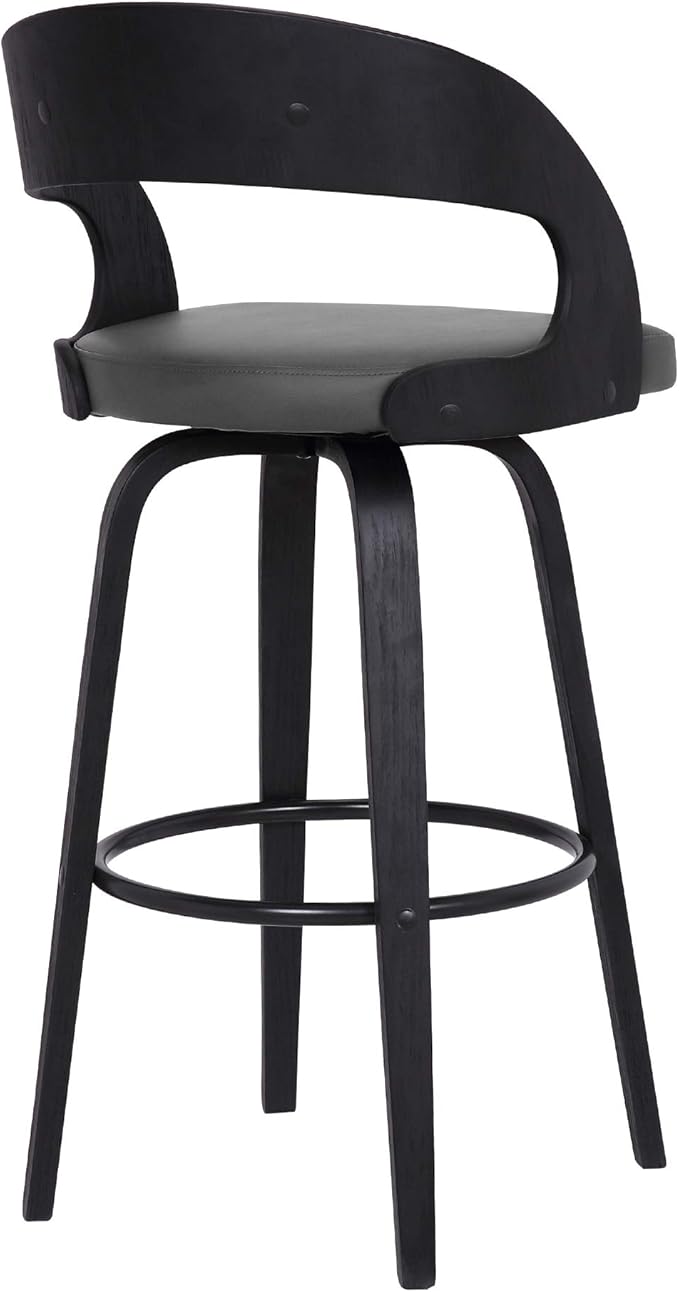 Armen Living Shelly 30" Bar Height Swivel Gray Faux Leather and Black Wood Bar Stool - Set of 2