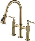 KRAUS Allyn Transitional Bridge Kitchen Faucet with Pull-Down Sprayhead in Brushed Gold, KPF-3121BG