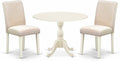 East West Furniture DMAB3-LWH-02 3 Piece Dining Table Set Contains a Round Dining Room Table with Dropleaf and 2 Light Beige Linen Fabric Upholstered Chairs, 42x42 Inch, Linen White