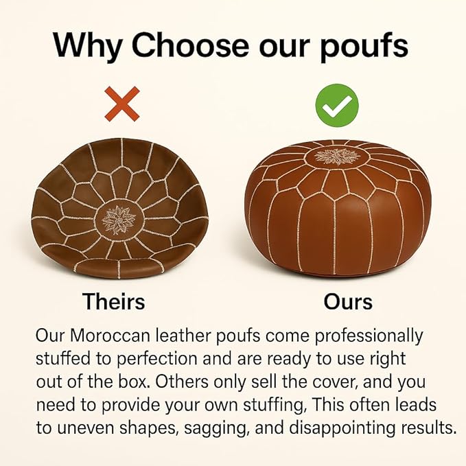 Stuffed Round Design Moroccan Leather Pouf Ottoman, Handmade, Pre-Filled, 100% Genuine Leather, 13” Height x 20” Diameter, Footstool & Living Room Décor (Turquoise)