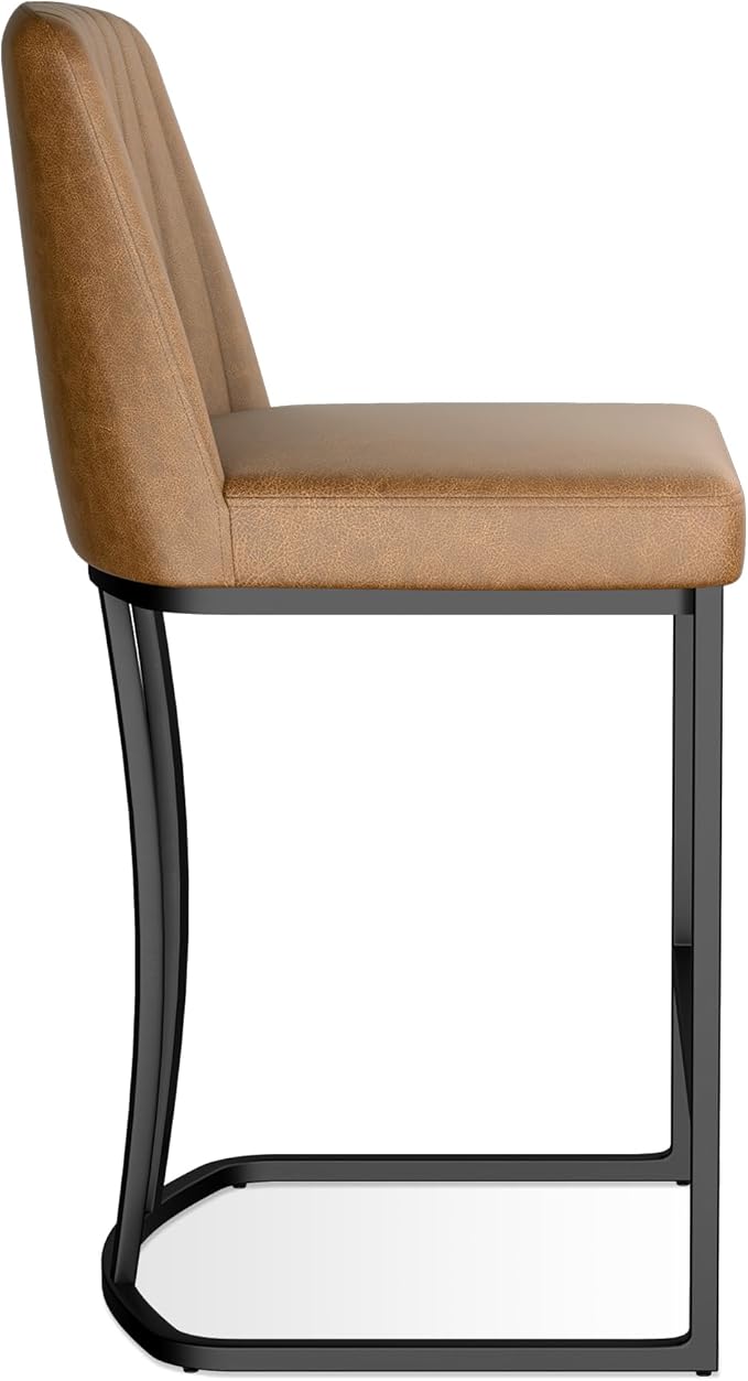 Bar Stools Set of 2, Faux Leather Counter Height Barstools, Upholstered Kitchen Counter Stools with Back and Stitching, 25.6" H Kitchen Island Stools Bar Chair, Metal Framed, Whisky Brown