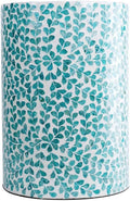 PEMAR Mother of Pearl Inlaid Cylinder Drum End Table Nacre Capiz Shell Side Table Stool Round Coffee Bedside Accent Nightstand and Vanity Stool (Teal Floral)