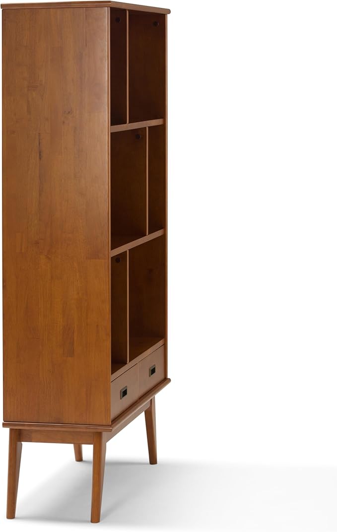 SIMPLIHOME Draper 35 inch Mid-Century Modern 6 Cubbie Bookcase with Drawer (Set of 2) in Teak Brown for The Living Room, Study Room and Office