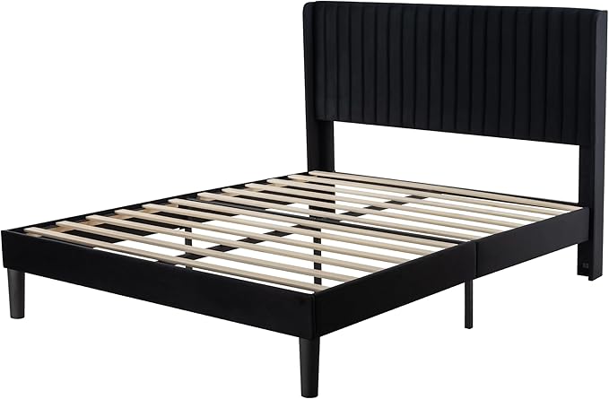 Allewie Queen Size Velvet Bed Frame/Vertical Channel Tufted Wingback Headboard/Upholstered Platform Bed/Strong Wooden Slats/No Box Spring Needed/Easy Assembly/Black