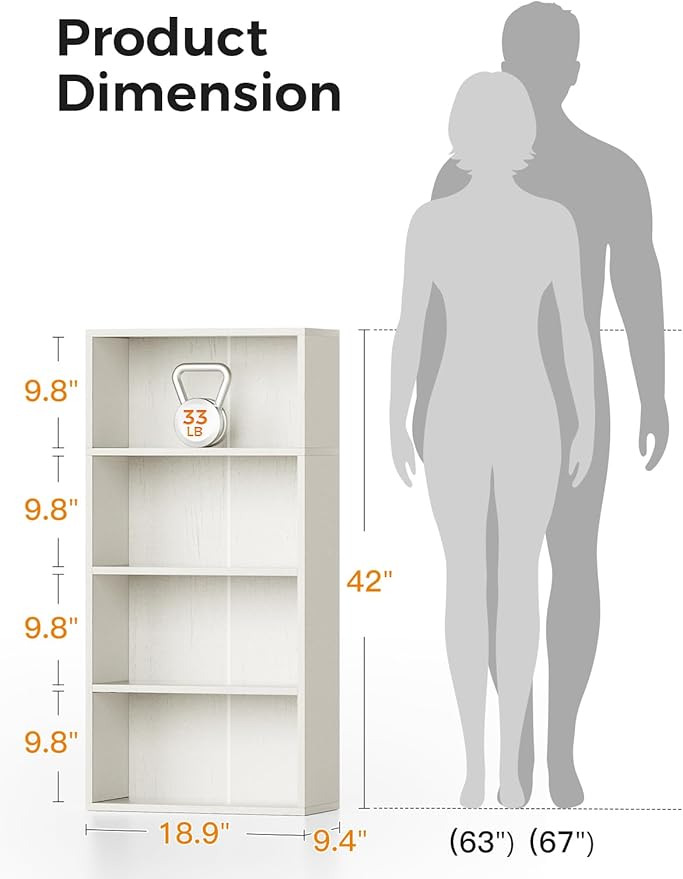 Casaottima 4-Tier Open Bookshelf and Bookcase, Floor Standing Display Storage Shelves for Living Room, Tall Book Shelf for Bedroom, Home Office, Dining Room, White