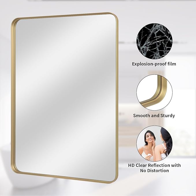 Bathroom Mirror 24x36 inch, Gold Gorgeous Deep Frame Wall Mirror, Modern Round Corner Bathroom Vanity Mirror for Bedroom, Living Room, Hanging or Leaning Horizontal or Vertical, Gold