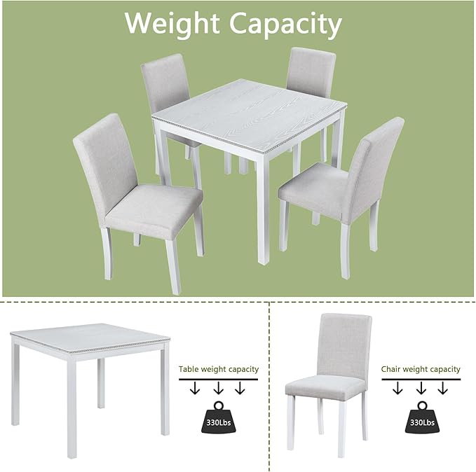 KEIKI 5-Piece Standard Height Dining Table Set with Square Table and 4 Upholstered Chair, for 4 Person, Modern Style Crystal Decoration Wood Table Set, Easy Assembly, for Kitchen, Dining Room, White