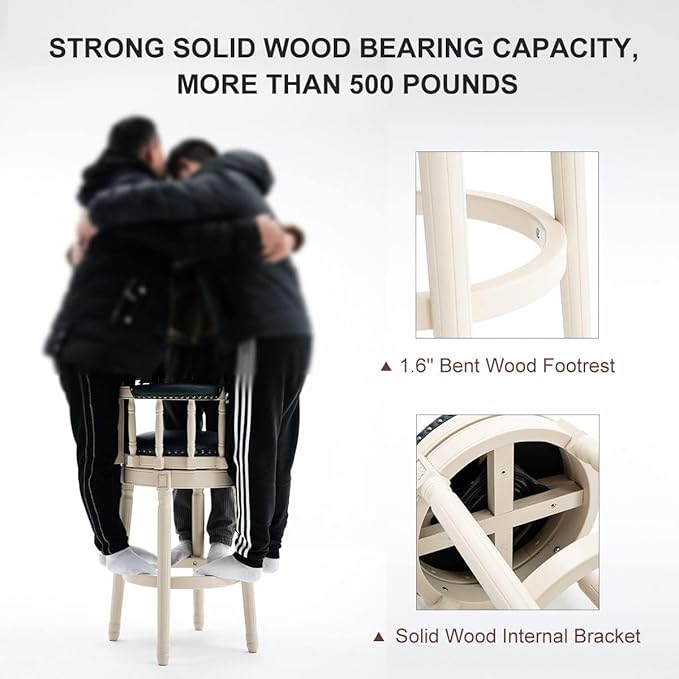 Cow top Leather Wooden Bar Stools, 360 Degree Swivel Bar Height Chair with Backs for Home Kitchen Counter, Morden Chair Barstools (Ivory Wood 1pc-Cream Seat, Bar Height-Seat Height 29.5”)