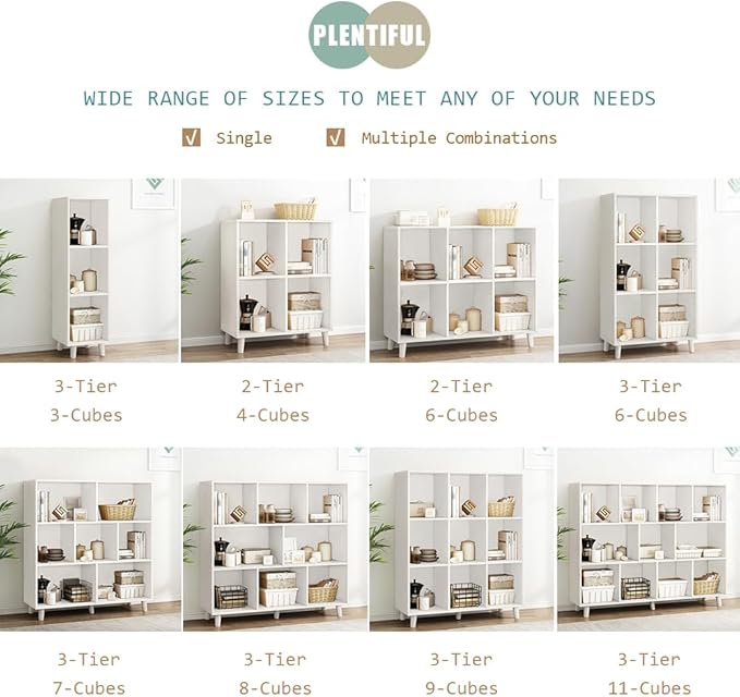 IOTXY Open Cube Low Bookcase - 3-Tier Freestanding Storage Display Cabinet Organizer with Legs for Home Office, 7-Cubes Open Shelf Short Bookshelf, White