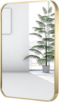 22x30 Inch Gold Bathroom Mirror, Brushed Gold Metal Framed Rectangular Mirror with Rounded Corner, Bathroom Vanity Mirror for Bedroom or Living Room, Horizontal/Vertical