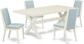 East West Furniture X027LA015-5 5 Piece Dining Room Furniture Set Includes a Rectangle Dining Table with X-Legs and 4 Baby Blue Linen Fabric Upholstered Chairs, 40x72 Inch, Multi-Color