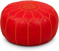 Stuffed Round Design Moroccan Leather Pouf Ottoman, Handmade, Pre-Filled, 100% Genuine Leather, 13” Height x 20” Diameter, Footstool & Living Room Décor (Orange)
