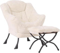 Lazy Chair with Folding Ottoman, Modern Accent Lounge Armchair with Armrests and a Side Pocket & Foldable Footstool, Leisure Reading Chair for Living Room, Bedroom, Dorm & Office, Plush Beige