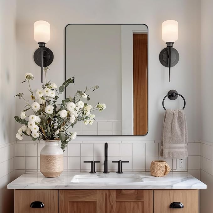 ANDY STAR 36”x48” Black Bathroom Mirror, Wall Mirror for Bathroom, Rounded Rectangle Mirror in Premium Stainless Steel Metal Frame Hangs Horizontal Or Vertical (Matte Black)