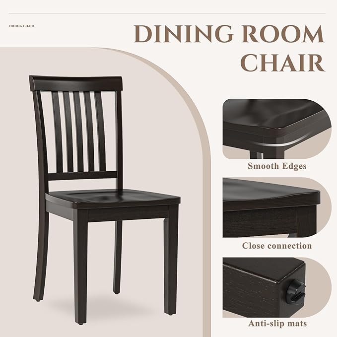 COLAMY Wooden Dining Chairs Set of 2, Solid Rubberwood Kitchen & Dining Room Chairs,Windsor Style Seating, Rustic Dining Table Chairs, Non-Slip Foot Pads, Farmhouse & Traditional Seating,Dark Brown