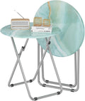 TV Tray Round Table, Small Foldable Table, Portable Dinner Table for Eating, Snack Side Trays Table Set of 2, No Assembly Required (Ocean Blue Marble, 2Pcs)