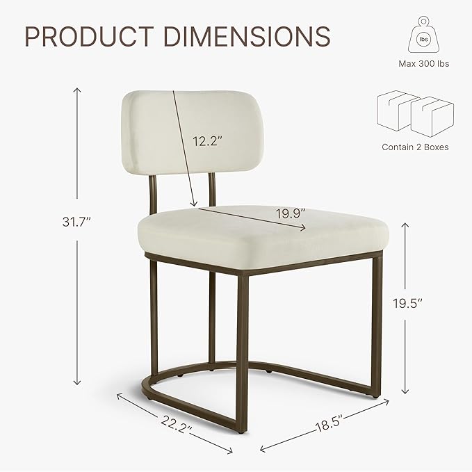 Dining Chairs Set of 4, Upholstered Modern Kitchen Chairs with Ergonomic Backrest, Fabric Cushion Seat & Metal Legs for Living Room, Restaurant, and Café, Ivory, 2Boxs