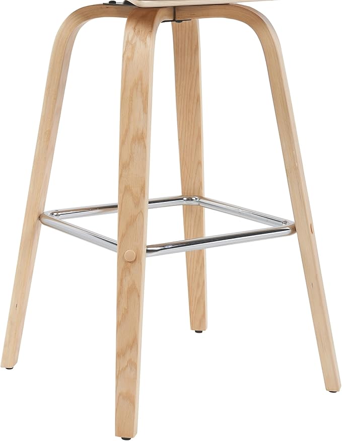 Armen Living Vienna Modern Swivel 30" Bar Height Barstool with White Faux Leather and Patterned Oak Wood Finish