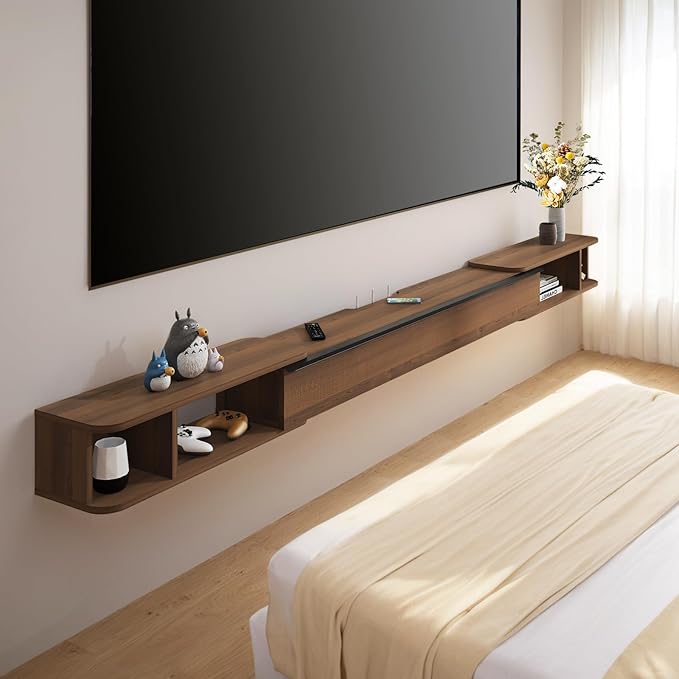 Pmnianhua Retractable Length Floating TV Stand,Minimalist Floating TV Shelf,Wall Mounted TV Console,Adjustable 87'' to 122'' Floating Entertainment Center with Storage for Bedroom Living Room(Walnut)