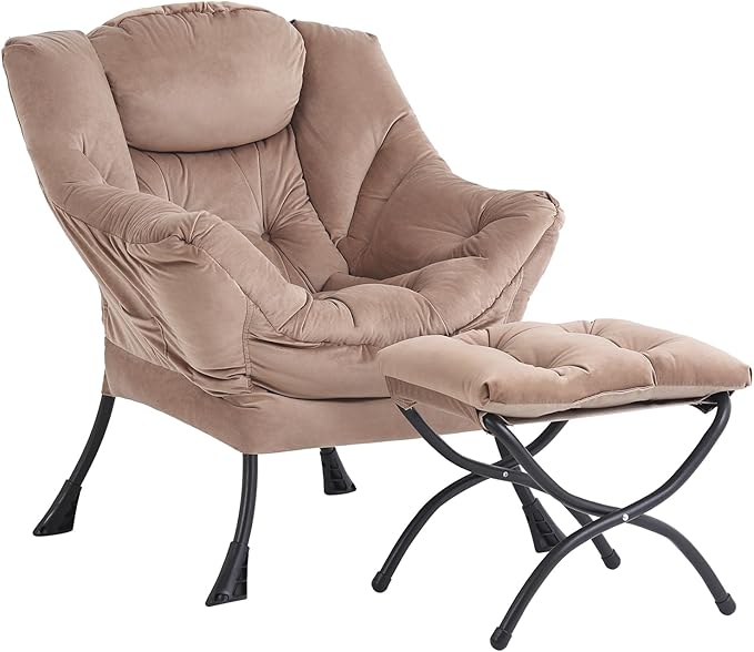 Lazy Chair and Ottoman, Large Accent Lounge Chair with Armrests and a Side Pocket, Modern Leisure Upholstered Sofa Reading Armchair with Footrest for Bedroom, Living Room, Dorm Rooms, Office