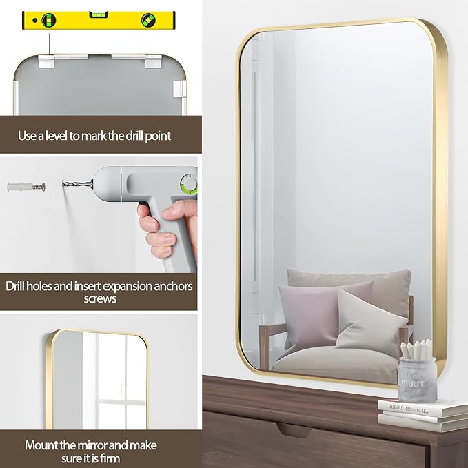 Gold Bathroom Mirror, 22x30 Inch Brushed Gold Mirror, Aluminum Alloy Framed Vanity Mirror, Rounded Rectangle Mirror for Over Sink, Anti-Rust Wall Mirror (Horizontally or Vertically)