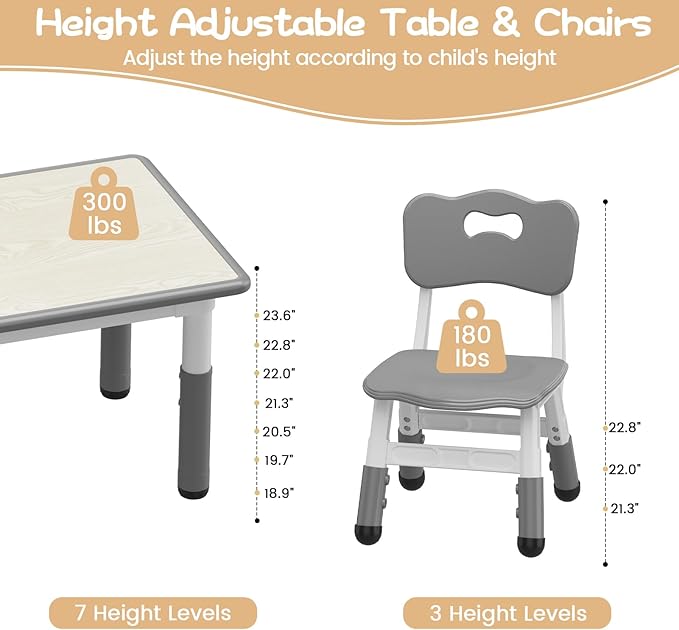 GarveeHome Kids Table and 6 Chairs Set, Height Adjustable Toddler Table and Chair Set, Graffiti Desktop, Children Study Play Dinner Table for Home Daycare Preschool for Ages 2-8, Grey