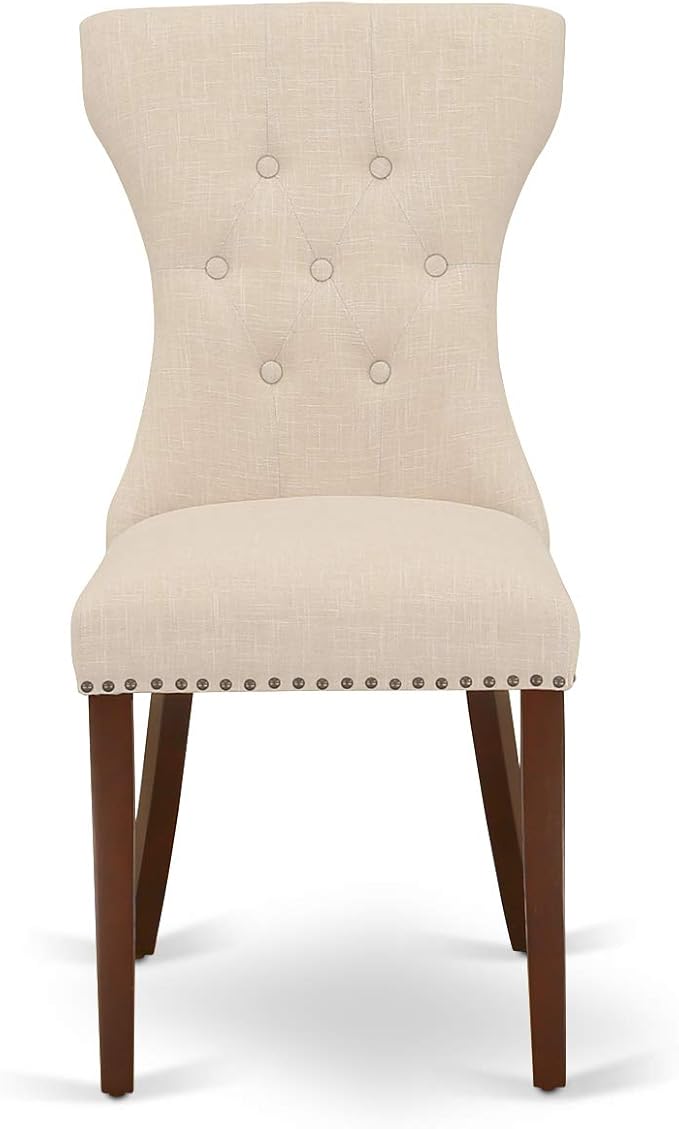 East West Furniture ESGA3-MAH-32 3 Piece Dining Table Set for Small Spaces Contains a Round Wooden Table with Pedestal and 2 Light Beige Linen Fabric Parson Chairs, 30x30 Inch, Mahogany